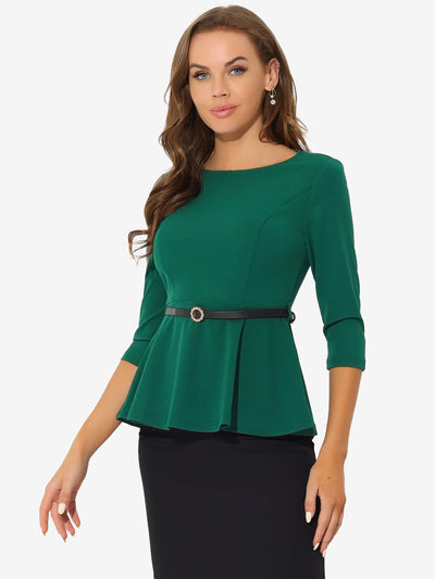 3/4 Sleeve Belted Peplum Elegant Business Work Blouse