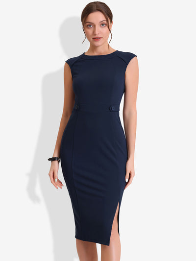 Round Neck Slim Fit Sleeveless Split Work Pencil Sheath Dress