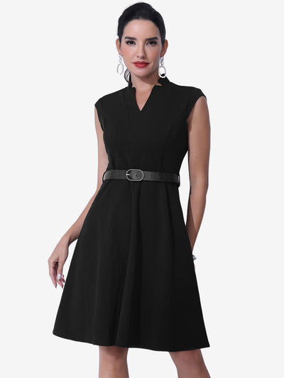 Office V Neck Work Sleeveless A-line Midi Solid Belted Dress