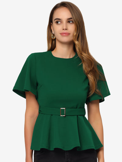 Peplum Round Neck Bell Sleeve Belted Waist Office Blouse