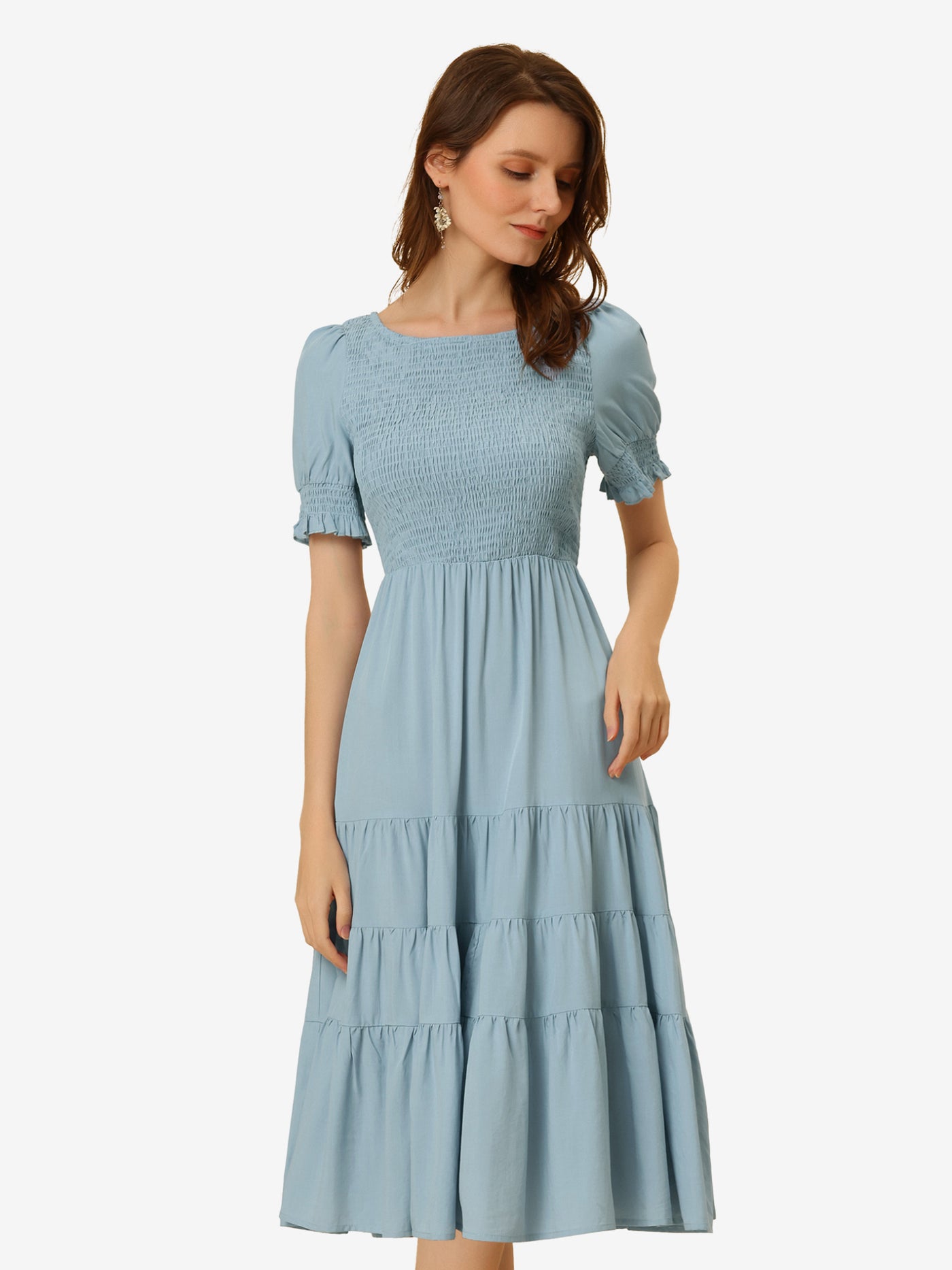 Allegra K Peasant Smocked Short Sleeve Midi Summer Casual Tiered A-Line Dress