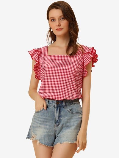 Allegra K Summer Gingham Tops Square Neck Ruffle Cap Sleeve Blouse