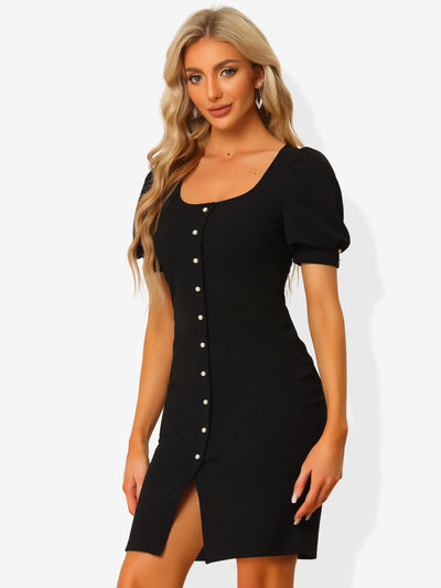 Bodycon Short Sleeve Button Decor Work Office Dress