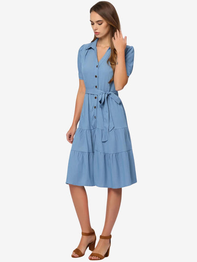 Summer Chambray Short Sleeve Button Tie Waist V Neck Shirt Dress