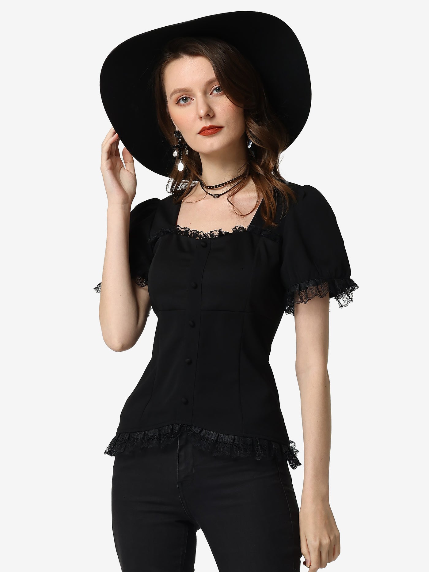 Allegra K Sweetheart Neck Puff Short Sleeve Lace Up Gothic Blouse