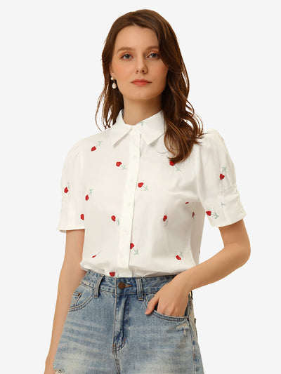 Allegra K Short Sleeve Blouse Collared Embroidery Flower Button Up Shirt