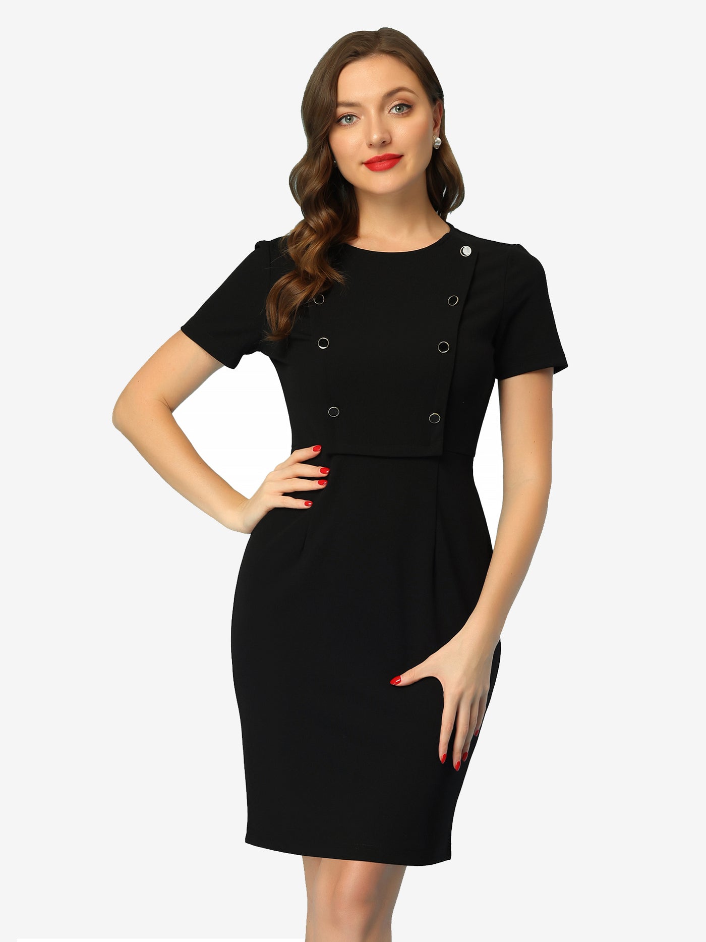 Allegra K Button Decor Round Neck Short Sleeve Midi Sheath Dress