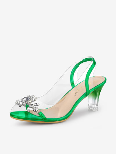 Clear Slingback Flower Rhinestone Peep Toe Heel Sandals