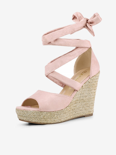 Faux Suede Lace Up Espadrille Wedge Heel Sandals