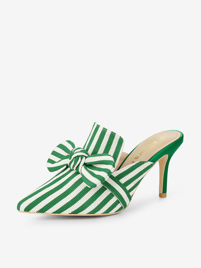 Stripe Bow Slip on Stiletto Heel Slides Mules