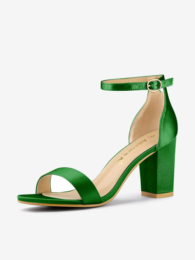 Satin Open Toe Ankle Strap Chunky Heel Sandals