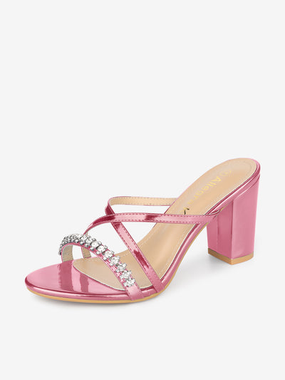 Crisscross Strap Open Toe Rhinestone Block Heel Slide Sandals