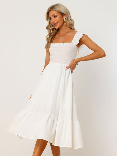 Boho Square Neck Ruffle Tiered Flowy Smocked Midi Dress Sundress