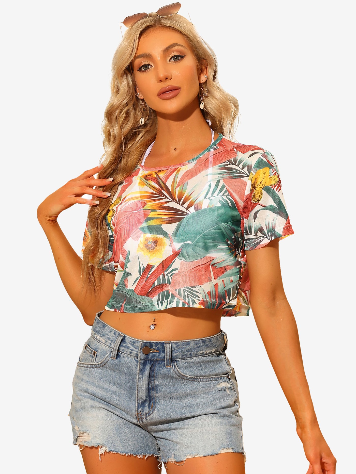 Allegra K Hawaiian Sheer Short Sleeve Leaves Print Tropical Crop Top