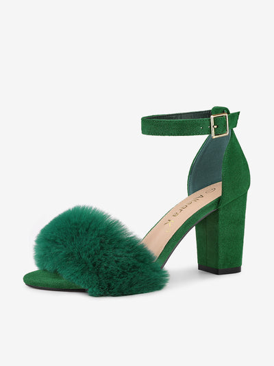 Faux Fur Ankle Strap Block Heel Sandals