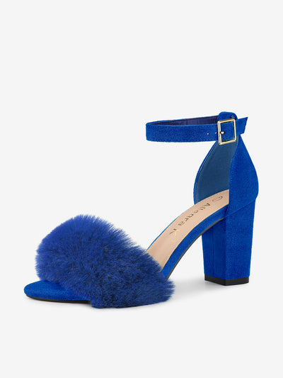 Faux Fur Ankle Strap Block Heel Sandals