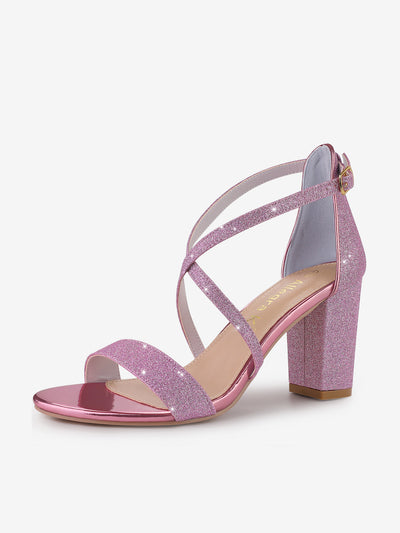 Glitter Crisscross Strap Block Heel Sandals