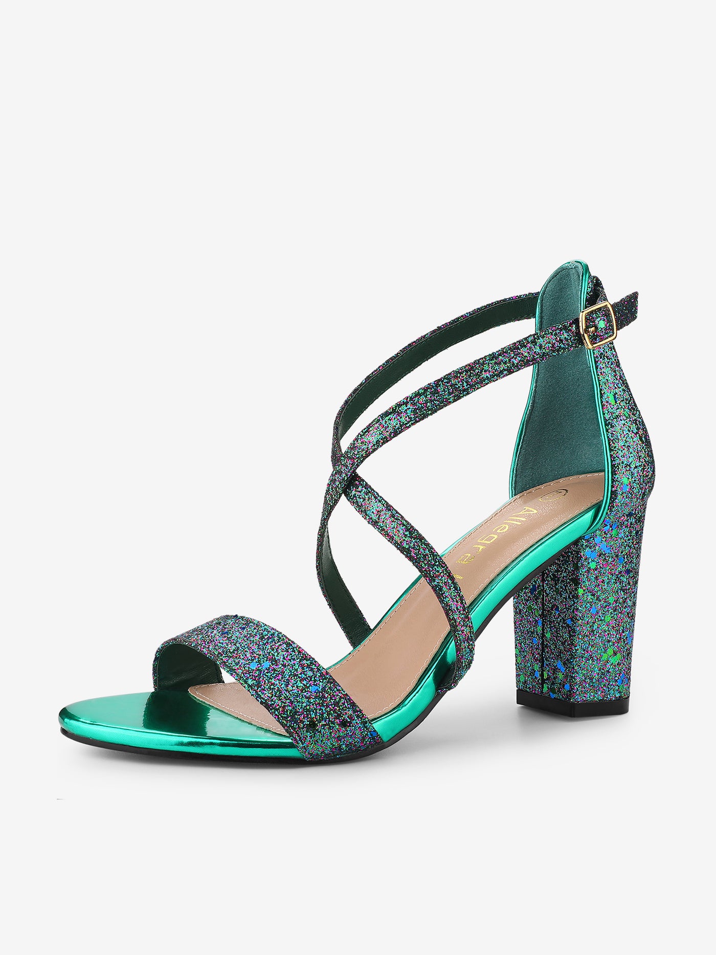 Allegra K Glitter Crisscross Strap Block Heel Sandals