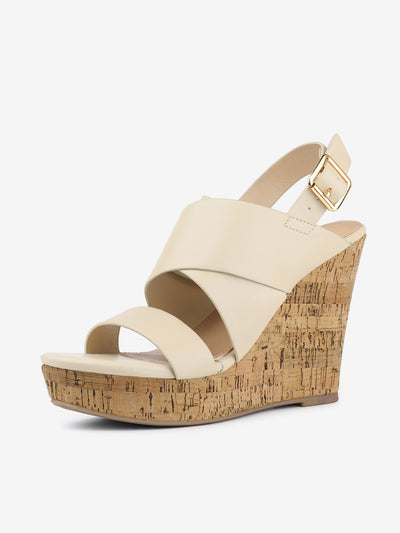 Solid Straps Wood Platform Wedge Slingback Sandals