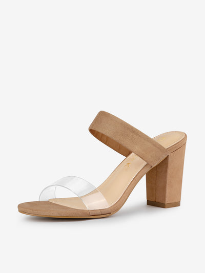 Open Toe Dual Clear Strap Block Heel Slides Mules Sandals