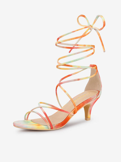 Open Toe Strappy Tie Dye Lace Up Kitten Heel Sandals