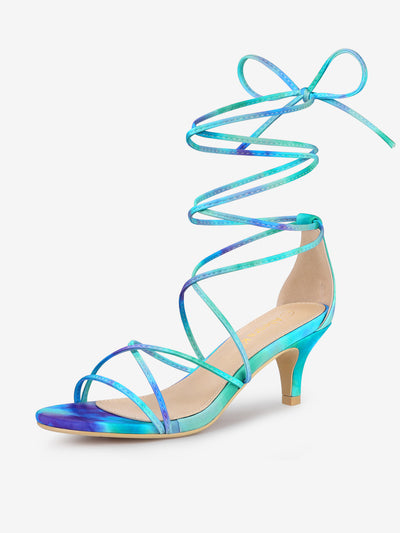 Open Toe Strappy Tie Dye Lace Up Kitten Heel Sandals