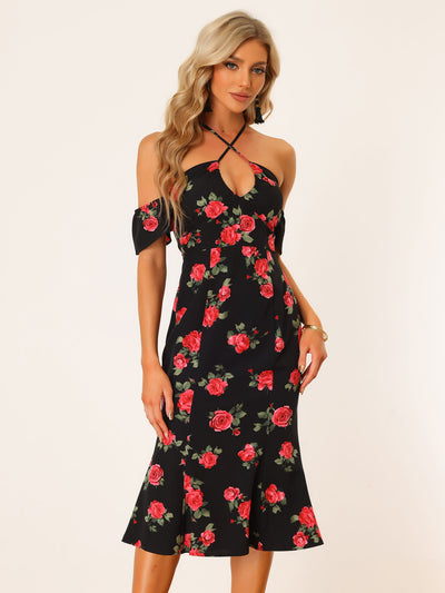 Off Shoulder Criss Cross Halter Neck Beach Tropical Floral Dress