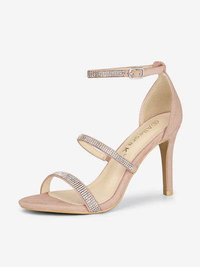 Faux Suede Strappy Ankle Strap Rhinestone Heel Sandals