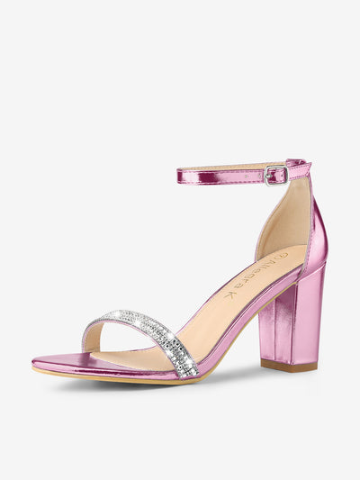 Rhinestone Ankle Strap Chunky Heel Sandals