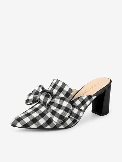 Stripe Bow Pointed Toe Block Heel Slides Mules