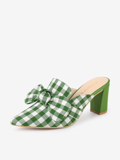 Stripe Bow Pointed Toe Block Heel Slides Mules