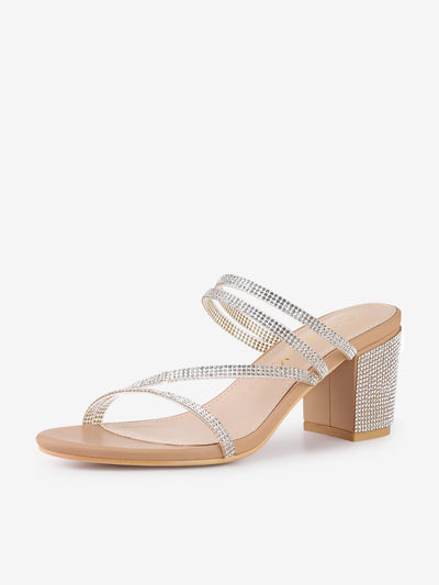 Strappy Rhinestone Block Heel Slide Sandals