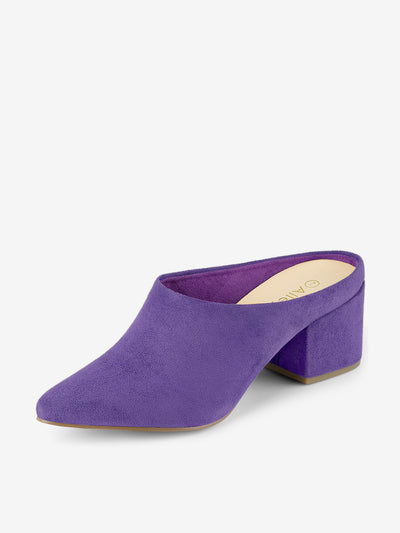 Faux Suede Pointed Toe Slip On Block Heel Slide Mules