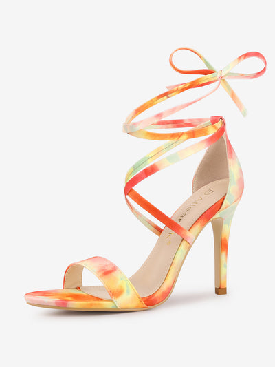 Elegant Open Toe Tie Dye Lace Up Stiletto Heel Sandals