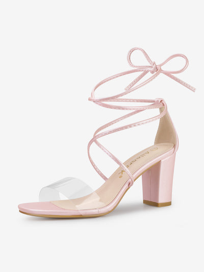 Open Toe Lace Up Clear Strap Block Heel Sandals