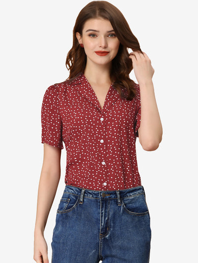 Women's Polka Dots V Neck Short Sleeve Button Down Vintage Blouse