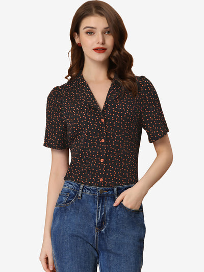 Women's Polka Dots V Neck Short Sleeve Button Down Vintage Blouse