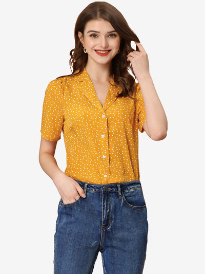 Allegra K Women's Polka Dots V Neck Short Sleeve Button Down Vintage Blouse