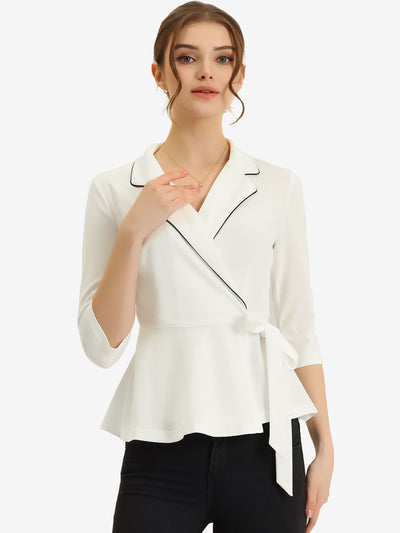 Notch Lapel Collar Tie Waist Wrap Peplum Blouse