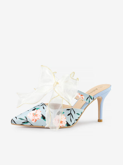 Women's Pointed Toe Lace Bow Floral Printed Stiletto Heels Mules