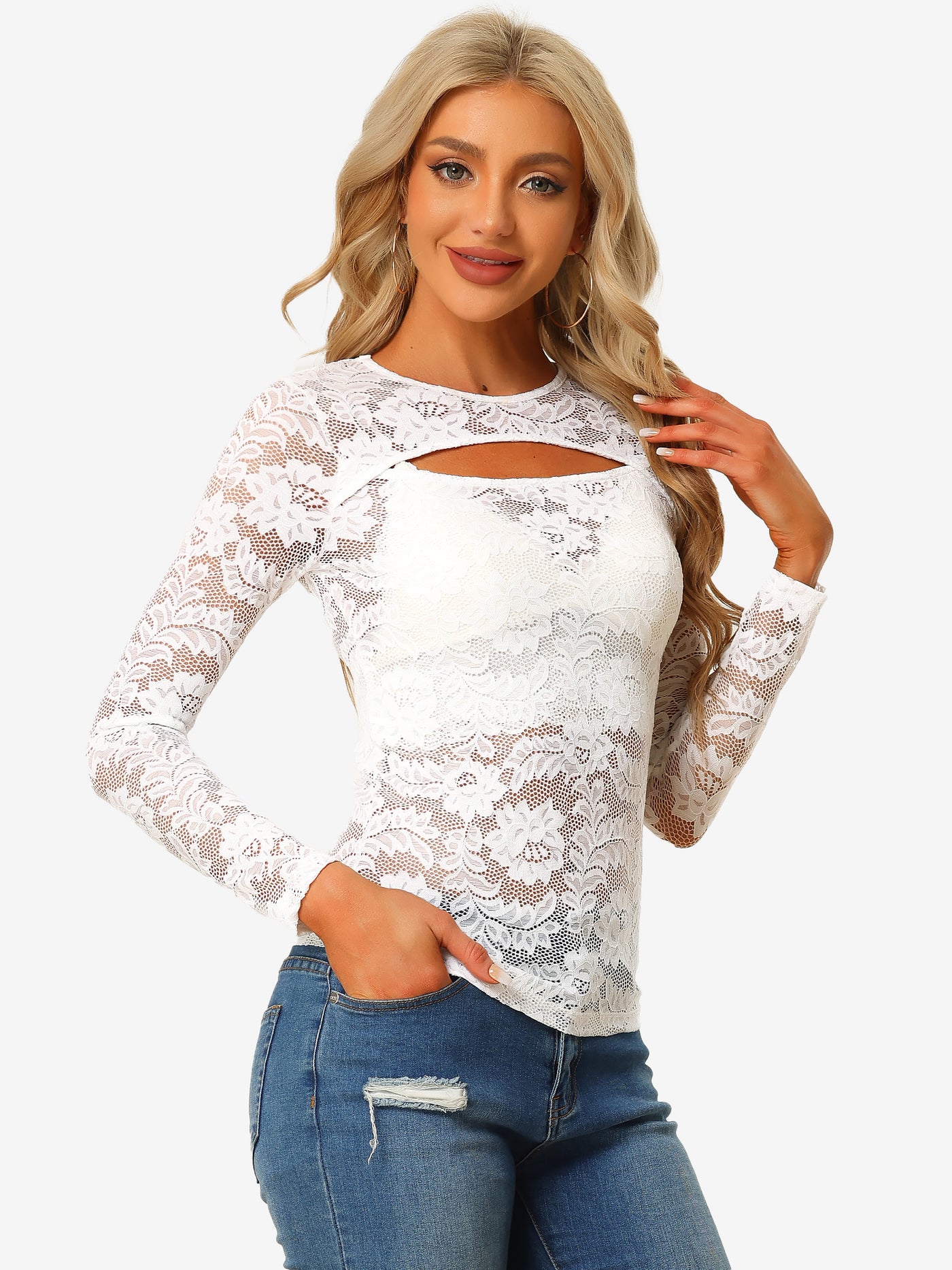 Allegra K See Through Cut Out Long Sleeve Semi Sheer Fitted Lace Top