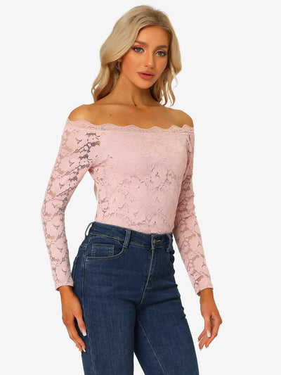 Off Shoulder Floral Lace Top Sheer Long Sleeves Casual Blouse