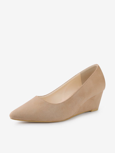 Faux Suede Solid Color Pointed Toe Slip On Wedge Heel Pumps