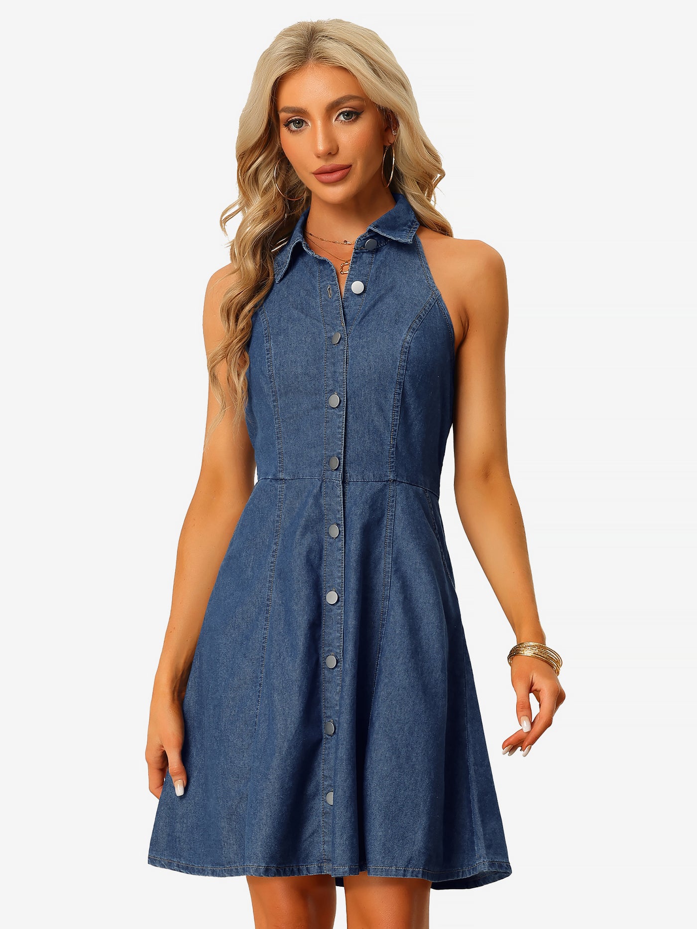 Allegra K Denim Halter Neck Button Down Backless A-Line Mini Shirt Dress