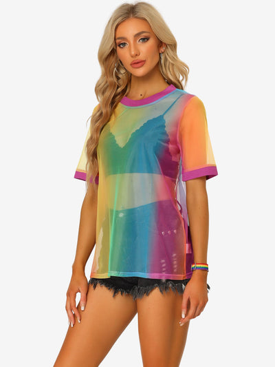 Rainbow Mesh See Through Short Sleeve Cover Up Sheer T-Shirt