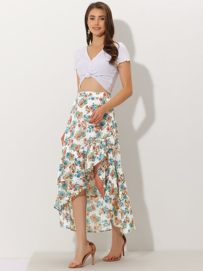 Asymmetrical Ruffle Wrap Tiered Chiffon Floral Skirt