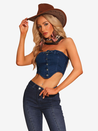 Denim Crop Tube Strapless Sleeveless Button Sexy Corset Top