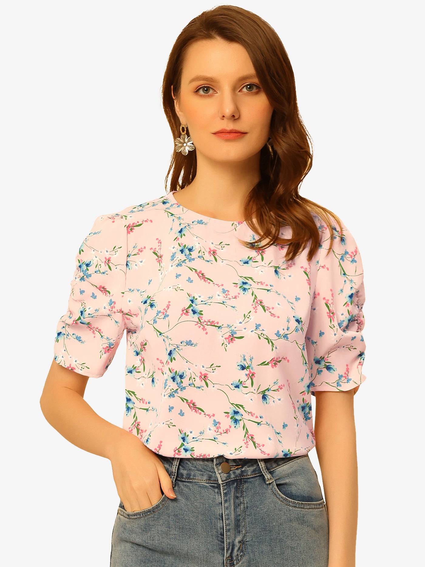 Allegra K Crew Neck Floral Casual Shirred Short Sleeve Blouse