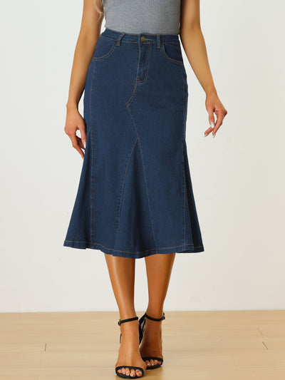 Casual Denim High Waisted A-Line Flared Midi Skirt