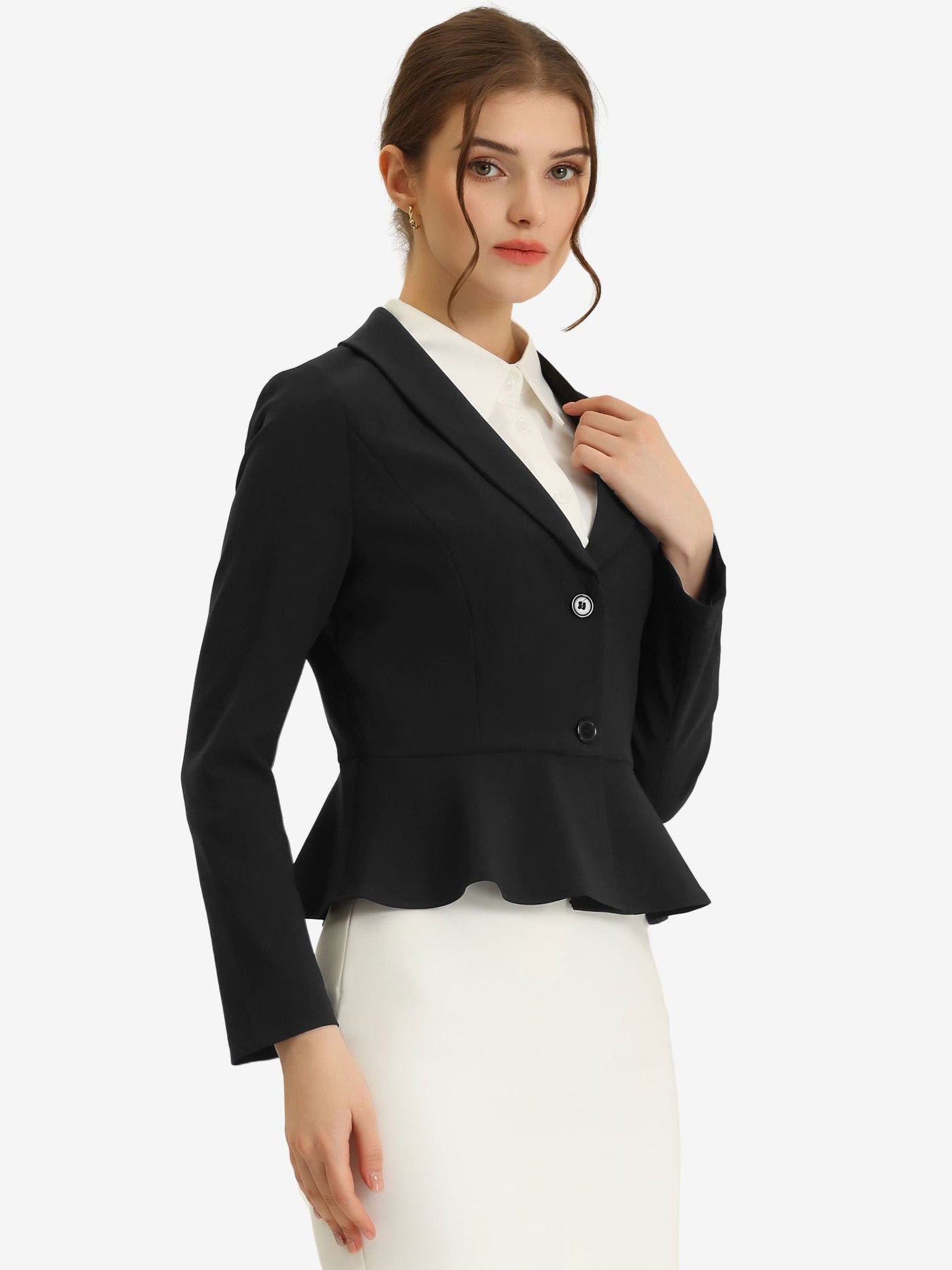 Allegra K Vintage Lapel Long Sleeve Ruffle Hem Office Cropped Blazer